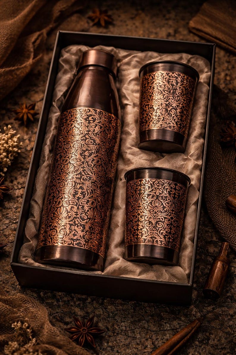 Hand-Engraved Pure Copper Water Bottle and Tumbler Set – Ayurvedic Wellness Drinkware with gift box