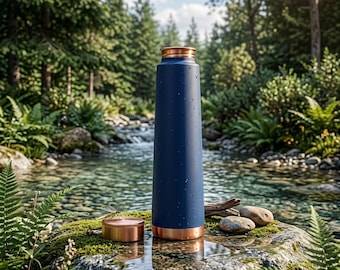 Matte Blue Copper Water Bottle | Ayurvedic Wellness Flask, Leakproof Drinkware