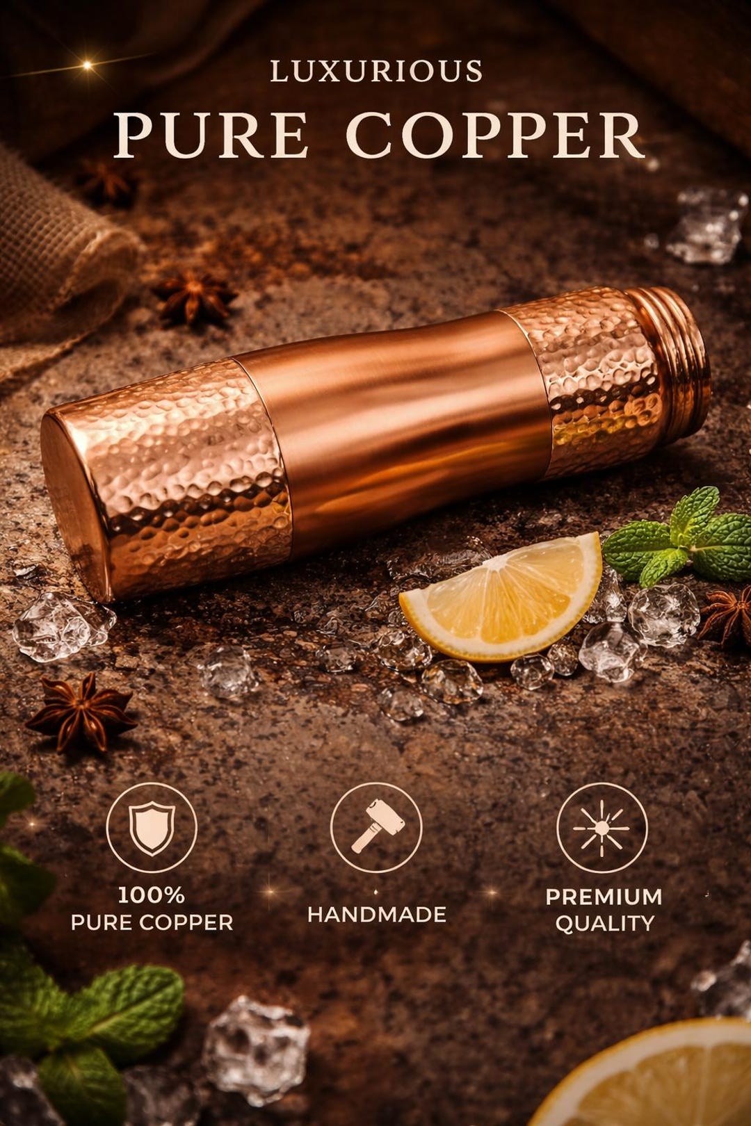 Pure Copper Water Bottle With Straw – Handmade Hammered Ayurvedic ...