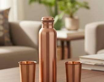 Handmade Pure Copper Water Bottle and Tumbler Set, Ayurvedic Drinkware, Minimalist Kitchen Decor
