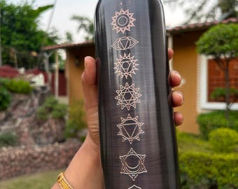 Black Copper Water Bottle with Chakra Engraving, Ayurvedic Yoga Flask