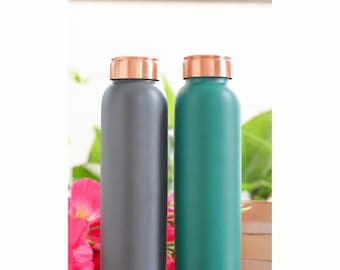 Matte Copper Water Bottles Set, Black Green Metal, Ayurvedic Travel Flask