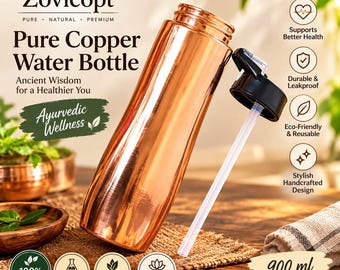 100% Pure Copper Water Bottle, 900ml Ayurvedic Tamba Bottle with Straw, Handmade Wellness Drinkware, Eco Friendly Gift