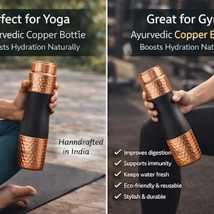 May include: An Ayurvedic copper bottle with a black center and textured copper top and bottom. The bottle is held by a person. Text on the image says "Perfect for Yoga" and "Great for Gym". The bottle is handcrafted in India.
