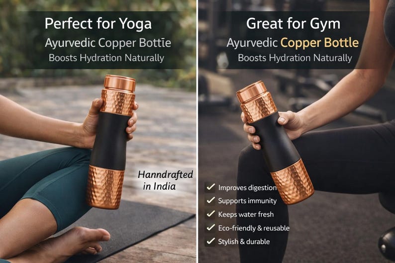 May include: An Ayurvedic copper bottle with a black center and textured copper top and bottom. The bottle is held by a person. Text on the image says "Perfect for Yoga" and "Great for Gym". The bottle is handcrafted in India.