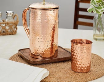 Hammered Pure Copper Water Jug Set with Tumbler, Ayurvedic Drinkware, Rustic Kitchen Pitcher