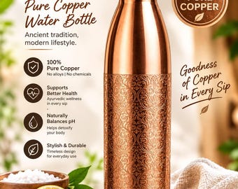 100% Pure Copper Water Bottle, Engraved Ayurvedic Tamba Bottle, Luxury Indian Gift, Diwali Gift, Festival Gift, Wellness