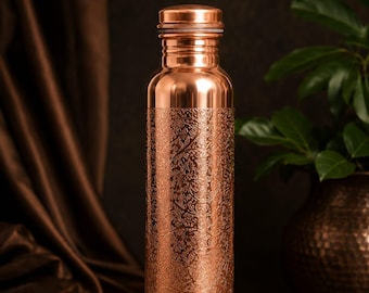 100% Pure Copper Water Bottle, Engraved Ayurvedic Copper Bottle, Handmade Wellness Drinkware, Reusable Copper Flask, Craftsmanship Gift