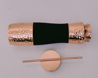 Hammered Pure Copper Water Bottle with Sleeve & Straw, Ayurvedic Wellness Flask