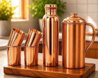 Ayurveda 100% Pure Copper Water Bottle Set with Copper Jug & 4 Glasses, Handmade Copper Drinkware, Wellness Gift, Kitchen Decor