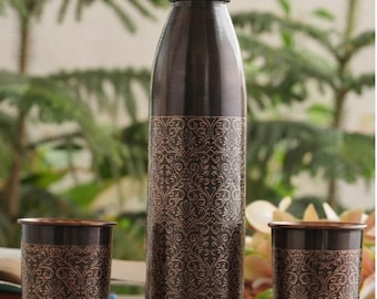 Handcrafted Engraved Copper Water Bottle Set | Ayurvedic Drinkware
