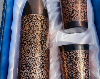 Hand-Engraved Copper Water Bottle Set with 2 Cups | Ayurvedic Hydration Flask
