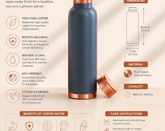 Ayurveda 100% Pure Copper Water Bottle, Gray Matte Ayurvedic Bottle, Handmade Copper Drinking Bottle, Reusable Wellness Water Bottle