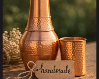 Hammered Copper Water Carafe Set | Handmade Ayurvedic Pure Copper Jug Flask