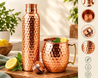 100% Pure Copper Bottle and Mug Set, Hammered Copper Water Bottle, Ayurvedic Drinkware, Handmade Copper Gift Set, Wellness Gift for Her Him