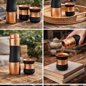 May include: A copper and black insulated water bottle and matching cups. The bottle and cups have a hammered copper finish on the top and bottom sections, with a black band in the middle. The cups are small and cylindrical.