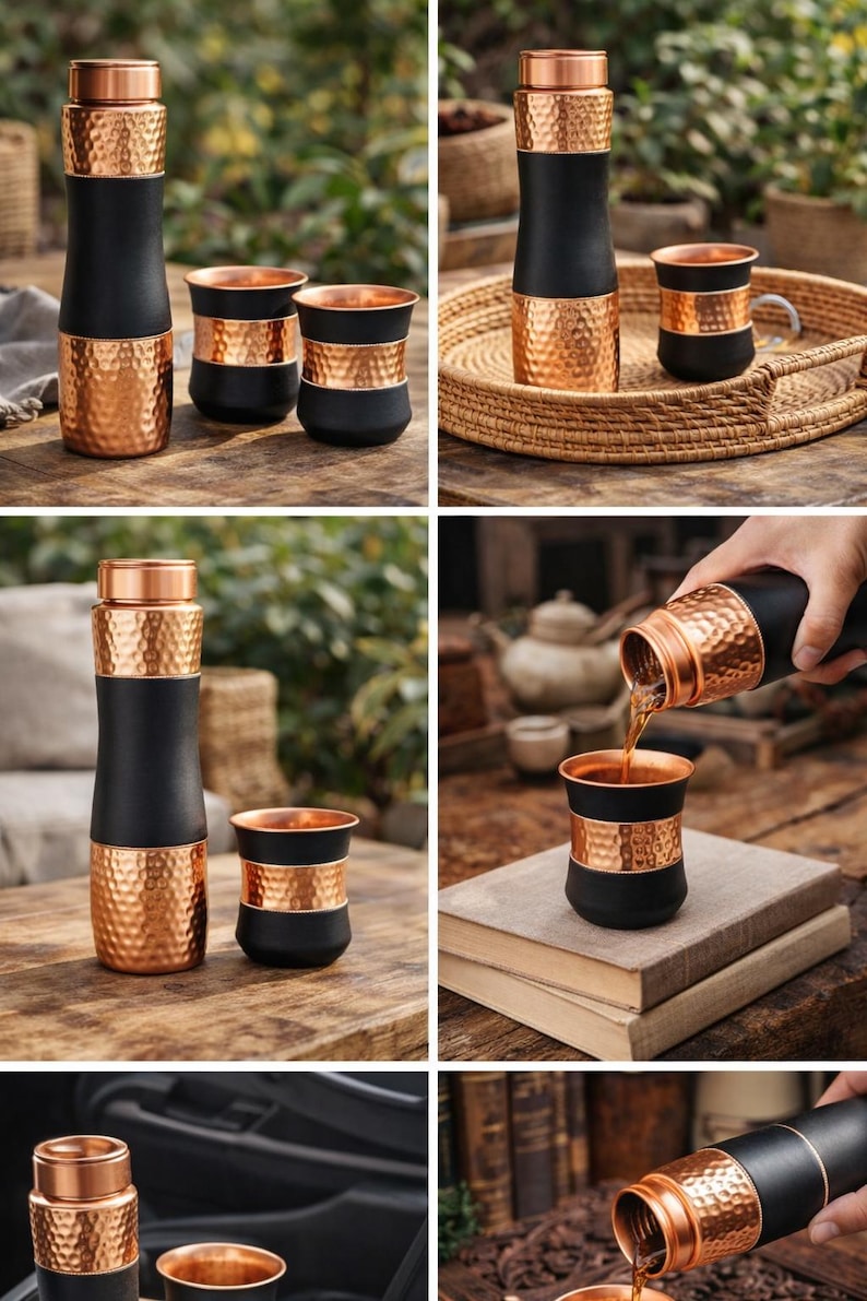 May include: A copper and black insulated water bottle and matching cups. The bottle and cups have a hammered copper finish on the top and bottom sections, with a black band in the middle. The cups are small and cylindrical.