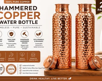 100% Pure Copper Water Bottle, Hammered Copper Bottle, Ayurvedic Wellness Drinkware, Handmade Reusable Water Bottle, 1 Liter Copper Flask