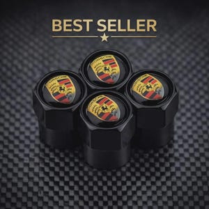 Porsche Black Aluminium Valve Stem Caps – Coloured Crest / Set of 4 Wheel Cap Accessories