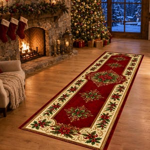 May include: A long rectangular runner rug featuring a deep red centre and a cream-coloured border. The design includes repeating patterns of green holly leaves, red berries, and poinsettia flowers arranged in a symmetrical, festive layout.