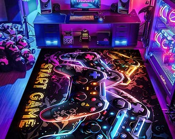 Gamer Rug,Gaming Rug,Game Rug,Geometric Rug,Colorful Rug,Play Room Rug,Neon Decor,Custom Rug,Neon Look Rug,E-Sport Rug,Area Rug,Gaming Gifts
