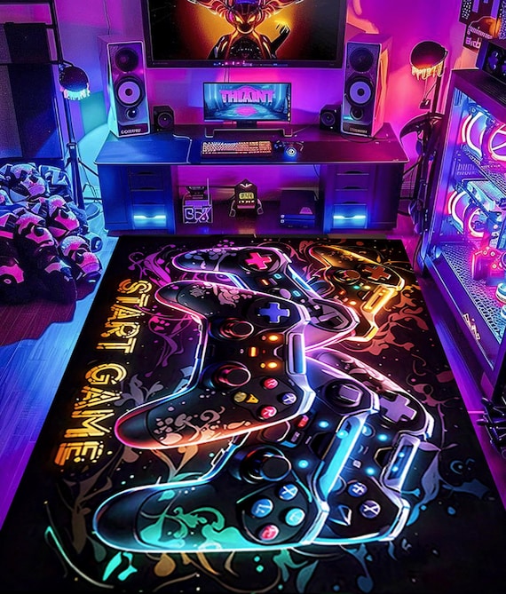 Gamer Rug,Gaming Rug,Game Rug,Geometric Rug,Colorful Rug,Play Room Rug,Neon Decor,Custom Rug,Neon Look Rug,E-Sport Rug,Area Rug,Gaming Gifts