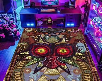 Zelda Art Rug: Black Game Room Carpet, Gamer Decor