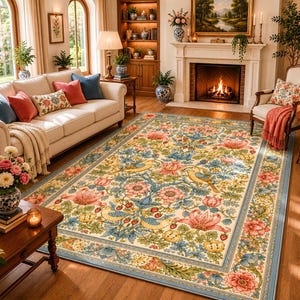 May include: A rectangular area rug featuring a cream-colored background with a dense, colorful pattern of pink flowers, green foliage, red strawberries, and yellow birds, framed by a wide border with a repeating floral motif in shades of blue.