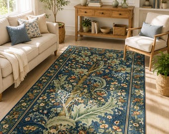 William Morris Tree of Life Design Matta - Vintage Antihalkmatta - Tvättbar Hackspett - Jätte Löv Konstmålning Blå Dörröppningslöpare