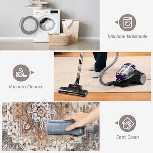 Puede incluir: Imagen que muestra soluciones de limpieza para el hogar. Presenta una lavadora, una aspiradora en uso y una mano limpiando una mancha en una alfombra. Los iconos indican las funciones lavable a m&aacute;quina y limpieza de manchas.