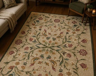 Puede incluir: Una alfombra rectangular con fondo beige que presenta un patrón simétrico de enredaderas verdes, flores multicolores en tonos rojos, azules y amarillos, y cuatro aves estilizadas con alas y crestas estampadas.