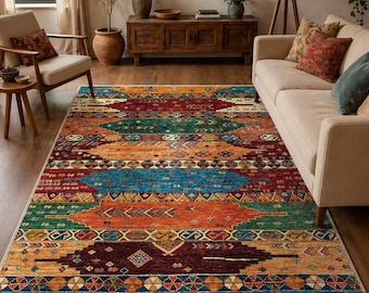 Colorful Boho Rug, Tribal Aztec Carpet, Ethnic Kilim Rug, Living Room Rug, Vintage Bohemian Decor, Southwest Rug, Patterned Area Rug