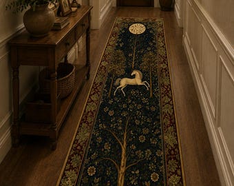 Magic Aesthetic Unicorn Runner Rug Cottagecore Style, Dark Academia Folklore Decor Gothic Maximalist Fantasy Art Enchanted Fairytale Accent