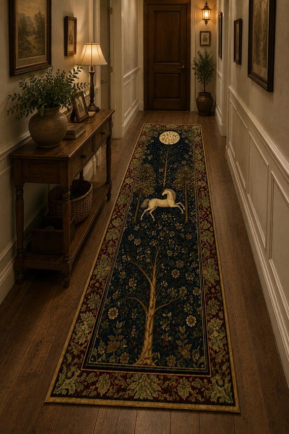 Magic Aesthetic Unicorn Runner Rug Cottagecore Style, Dark Academia Folklore Decor Gothic Maximalist Fantasy Art Enchanted Fairytale Accent