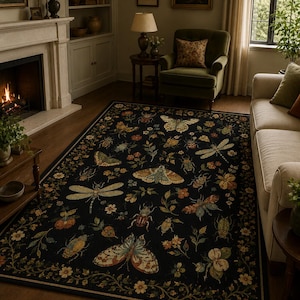 May include: A rectangular area rug featuring a black background with a repeating pattern of colorful insects, including butterflies, dragonflies, and beetles, interspersed with small floral motifs and a decorative vine border along the edges.