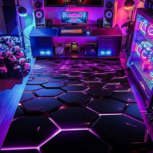 Puede incluir: Una alfombra rectangular con un patr&oacute;n hexagonal negro repetitivo y contornos de ne&oacute;n violeta brillante. El dise&ntilde;o crea un efecto tridimensional en la superficie, dentro de una habitaci&oacute;n con iluminaci&oacute;n ambiental violeta y azul.
