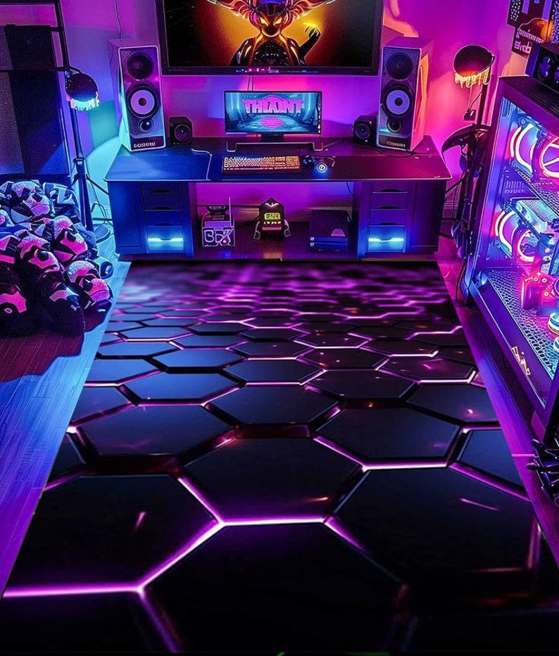 Puede incluir: Una alfombra rectangular con un patr&oacute;n hexagonal negro repetitivo y contornos de ne&oacute;n violeta brillante. El dise&ntilde;o crea un efecto tridimensional en la superficie, dentro de una habitaci&oacute;n con iluminaci&oacute;n ambiental violeta y azul.