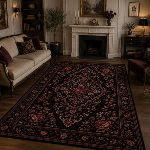 May include: A rectangular area rug featuring a dark black background with a central floral medallion and intricate border patterns in shades of deep red, burgundy, and muted pink. The design includes repeating floral motifs and scrolling vines.