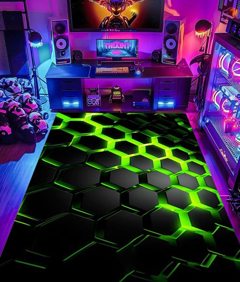 Puede incluir: Una alfombra rectangular con un patr&oacute;n repetitivo de panal hexagonal en negro y verde ne&oacute;n. El dise&ntilde;o crea un efecto visual tridimensional con l&iacute;neas verdes brillantes que bordean cada forma hexagonal oscura.