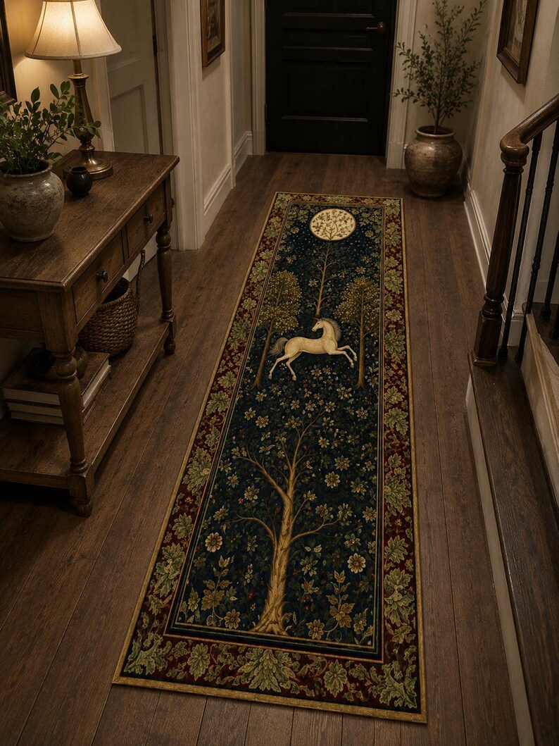 Magisk estetisk enhörningsmatta i cottagecore-stil, mörk akademisk folklore-dekor, gotisk maximalistisk fantasikonst, förtrollad sagolik accent bild 9