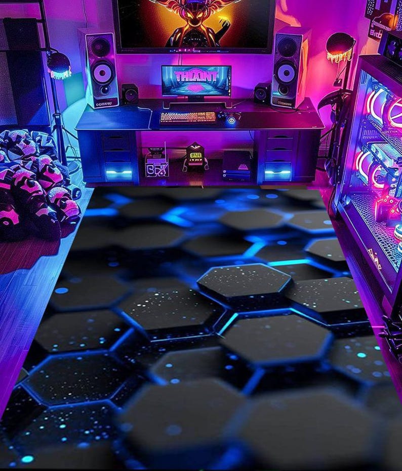 Puede incluir: Una alfombra rectangular con un patr&oacute;n de hex&aacute;gonos de color gris oscuro con bordes azules brillantes y puntos de luz dispersos, creando un efecto de profundidad. La alfombra est&aacute; situada en una habitaci&oacute;n con iluminaci&oacute;n ambiental violeta y azul.
