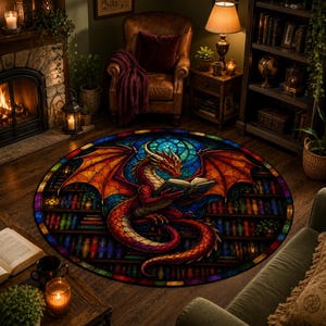 Puede incluir: Alfombra redonda con un dise&ntilde;o de vidriera que representa un drag&oacute;n rojo leyendo un libro. El drag&oacute;n tiene alas naranjas y est&aacute; sobre un fondo azul. El borde de la alfombra muestra una estanter&iacute;a con libros coloridos.