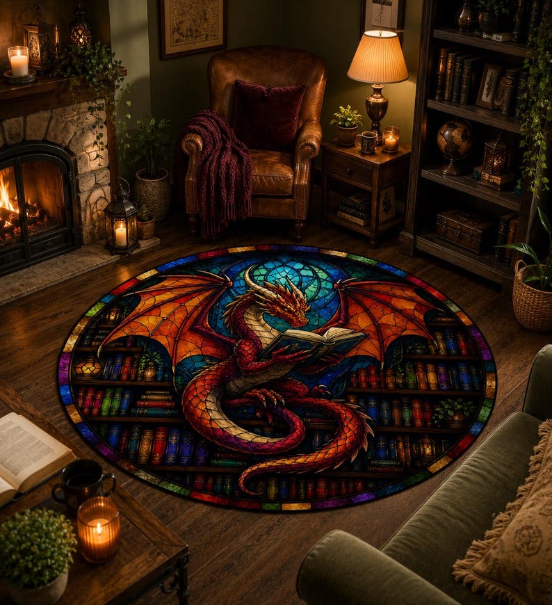Puede incluir: Alfombra redonda con un dise&ntilde;o de vidriera que representa un drag&oacute;n rojo leyendo un libro. El drag&oacute;n tiene alas naranjas y est&aacute; sobre un fondo azul. El borde de la alfombra muestra una estanter&iacute;a con libros coloridos.