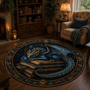 Puede incluir: Alfombra redonda con un drag&oacute;n azul detallado descansando sobre libros. El drag&oacute;n est&aacute; sobre un fondo azul oscuro con una escena de biblioteca. La alfombra tiene un borde decorativo con elementos florales y celestiales.