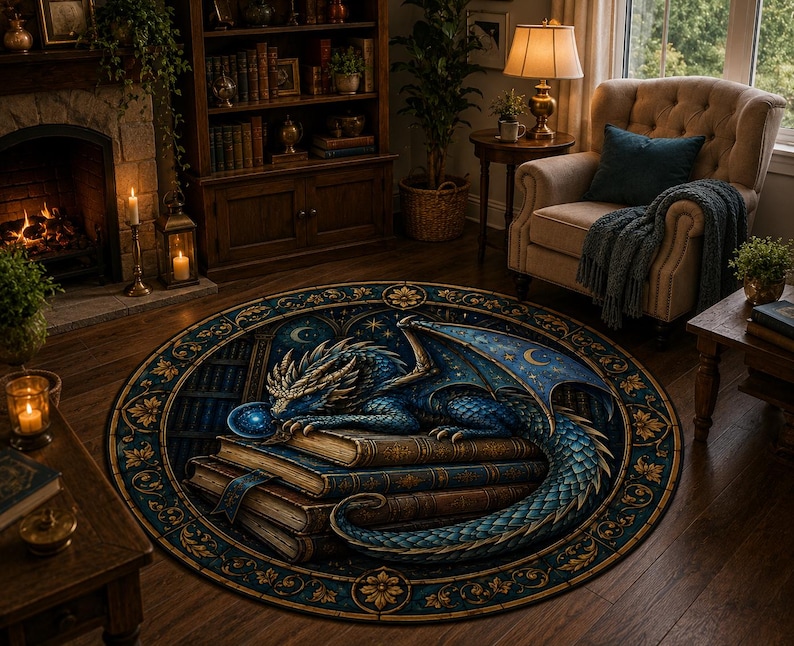 Puede incluir: Alfombra redonda con un drag&oacute;n azul detallado descansando sobre libros. El drag&oacute;n est&aacute; sobre un fondo azul oscuro con una escena de biblioteca. La alfombra tiene un borde decorativo con elementos florales y celestiales.