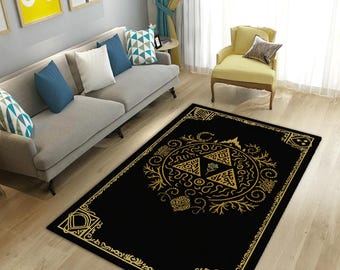 Zelda Art Rug: Black Game Room Carpet, Gamer Decor