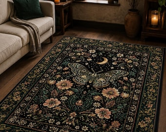 Mystic Moonlit Garden Moth Carpet Whimigothic Fairycore Decor | Dark Floral Witchy Moth Rug Whimsical Decor Butterfly Cottagecore Gift