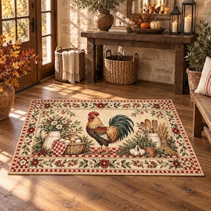 May include: A rectangular floor mat featuring a central illustration of a rooster standing on a red and white checkered pattern. The design includes a basket of eggs, a pitcher of flowers, garlic, and kitchen utensils, framed by a floral border.