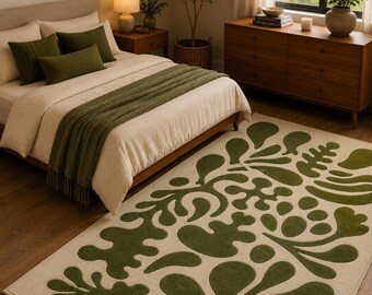 Matisse Leaf Area Rug - Navy Blue Non Slip Rug-Botanical Washable Throw Rug-Minimal Cute Vibes Runner-WhiteHallway Mat-Fancy Interior Carpet