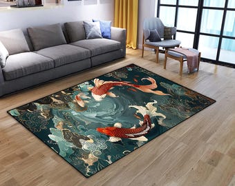 Koi Fish Rug, Japanese Style Carpet, Zen Decor Rug, Oriental Art Rug, Asian Decor, Living Room Rug, Koi Carp Design, Japanese Aesthetic